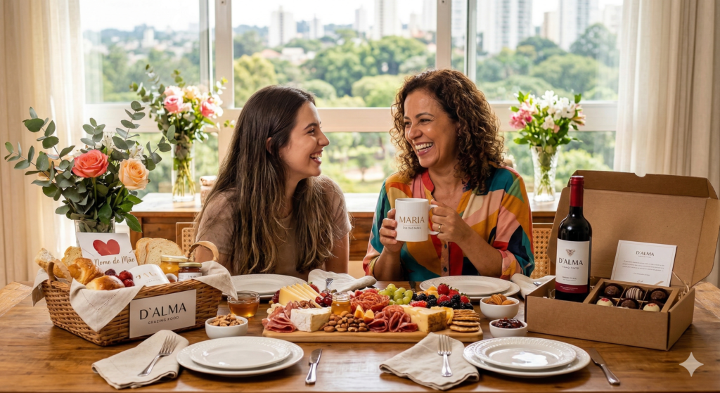 Mãe e filha celebrando Dia das Mães em Ribeirão Preto com cesta de café da manhã e tábua de frios D`Alma Grazing Food.